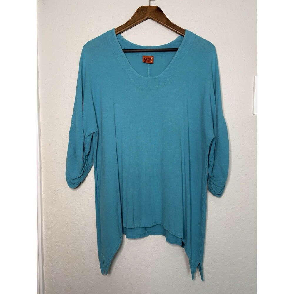 Oh My Gauze! Tunic Top Womens Sz Lrg 2 Lagenlook Oversized Asymmetric Shark Bite